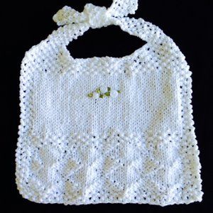 Hand Knitted White Christening w/Rosettes Bib